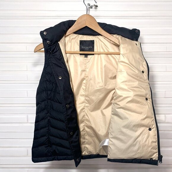 Talbots Petite Small Black Quilted Puffer Vest Full Zip Gold Sateen Lining - Picture 2 of 6